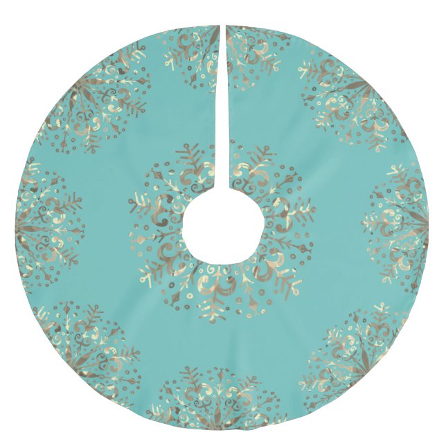 Jupon De Sapin En Polyester Brossé Mandala Snowflake Gold Turquoise bleu (Devant)