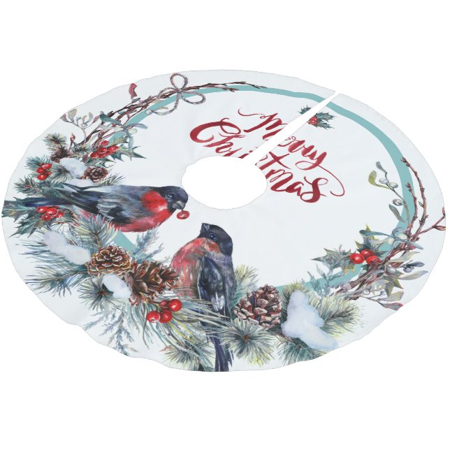Jupon De Sapin En Polyester Brossé Mignonne Bullfinches Wreath - Joyeux Noël (Angle)