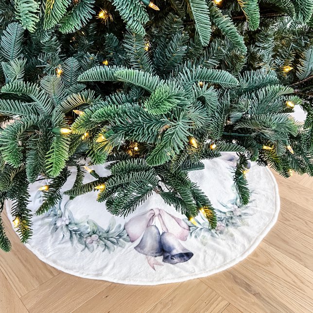 Jupon De Sapin En Polyester Brossé Mistletoe et boules d'argent blanc (Mistletoe and silver bells christmas tree skirt)