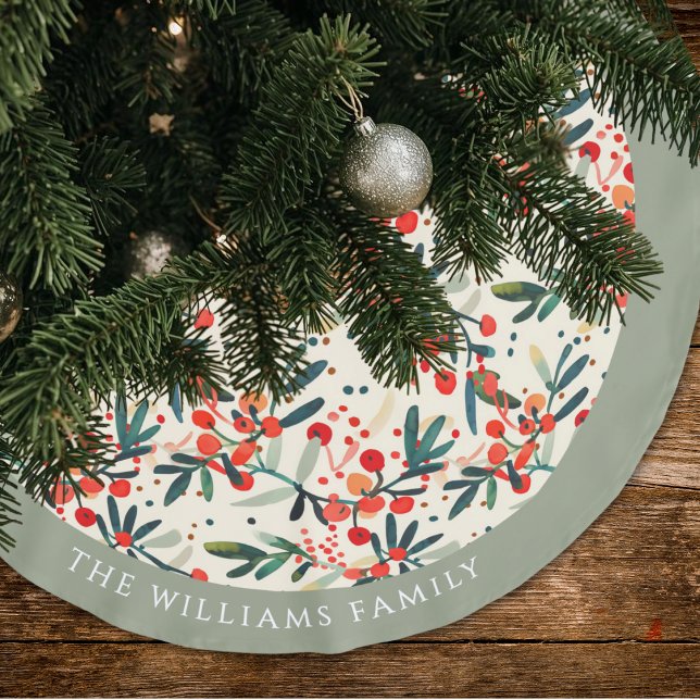 Jupon De Sapin En Polyester Brossé Moderne Noël Holly Berries Personnalisé (Créateur téléchargé)