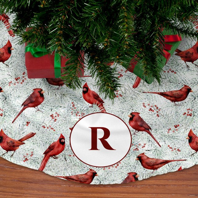 Jupon De Sapin En Polyester Brossé Monogramme Branches de pin neigeux Cardinal Noël (Créateur téléchargé)