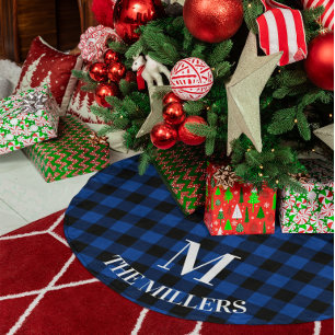 Jupon De Sapin En Polyester Brossé Monogramme de famille à carreaux Deep Blue et Blac