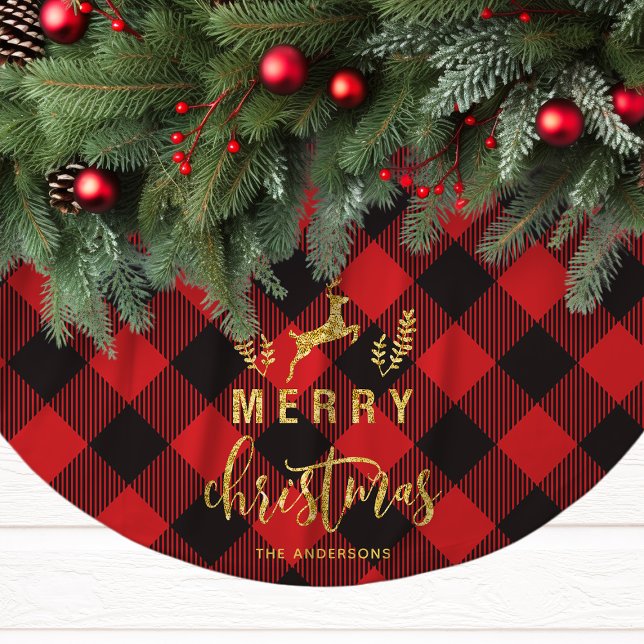 Jupon De Sapin En Polyester Brossé Monogramme de Noël Joyeux Plaid Buffalo (Créateur téléchargé)