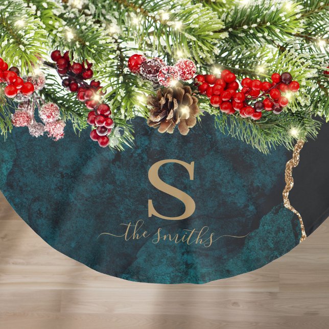 Jupon De Sapin En Polyester Brossé Monogramme Emerald Green Agate Marbre Or Noël (Monogram Emerald Green Agate Marble Gold Christmas Brushed Polyester Tree Skirt
)