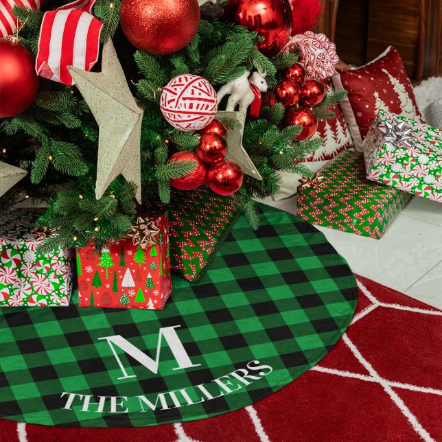 Jupon De Sapin En Polyester Brossé Monogramme familial de Buffalo Vert (Green Buffalo Plaid Family Monogram Brushed Polyester Tree Skirt)