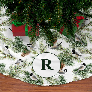 Jupon De Sapin En Polyester Brossé Monogramme Pays Oiseaux de Noël Pins Branches