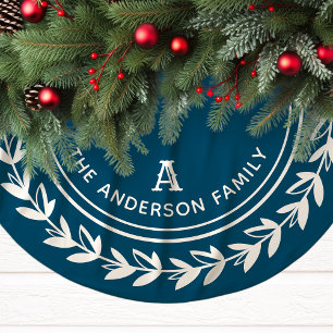 Jupon De Sapin En Polyester Brossé Monogramme Wreath Stried Modern Navy Noël