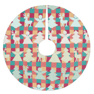 Jupon De Sapin En Polyester Brossé Motif à carreaux avec des anges, des rennes et des