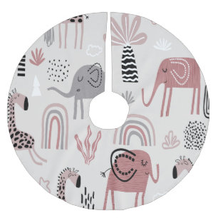 Jupon De Sapin En Polyester Brossé motif avec de mignons éléphants et girafes géant