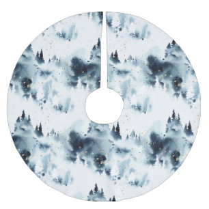 Jupon De Sapin En Polyester Brossé Motif d'aquarelle de la forêt bleue de minuit