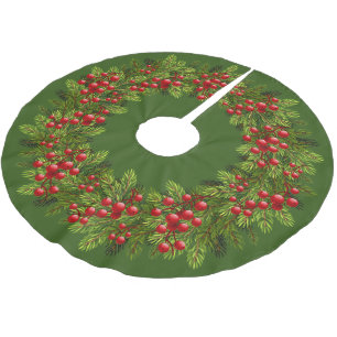 Jupon De Sapin En Polyester Brossé Motif de baies de houx et d'aiguilles de pin vert