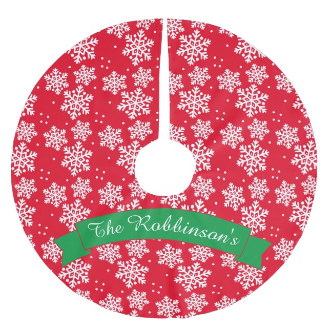 Jupon De Sapin En Polyester Brossé Motif de flocon rouge et blanc avec nom de famille (Devant)