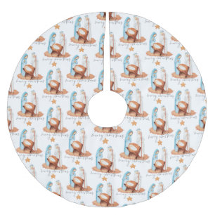 Jupon De Sapin En Polyester Brossé Motif de la Nativité Script Joyeux Noël