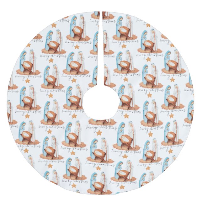 Jupon De Sapin En Polyester Brossé Motif de la Nativité Script Joyeux Noël (Devant)