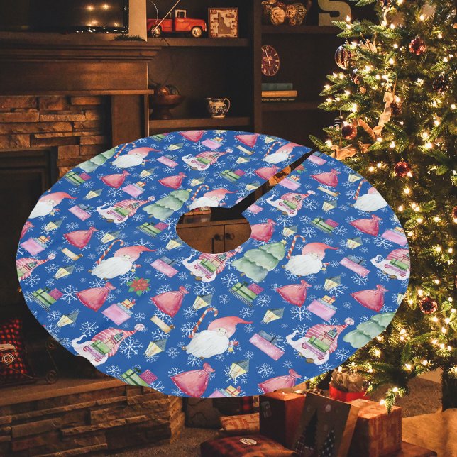 Jupon De Sapin En Polyester Brossé Motif de Noël Blue Père Noël Gnome pour les vacanc (Christmas Pattern Blue Santa Gnome for Holidays Brushed Polyester Tree Skirt)