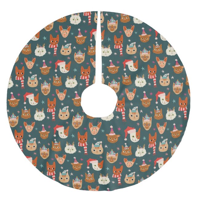 Jupon De Sapin En Polyester Brossé Motif de Noël du chat (Devant)