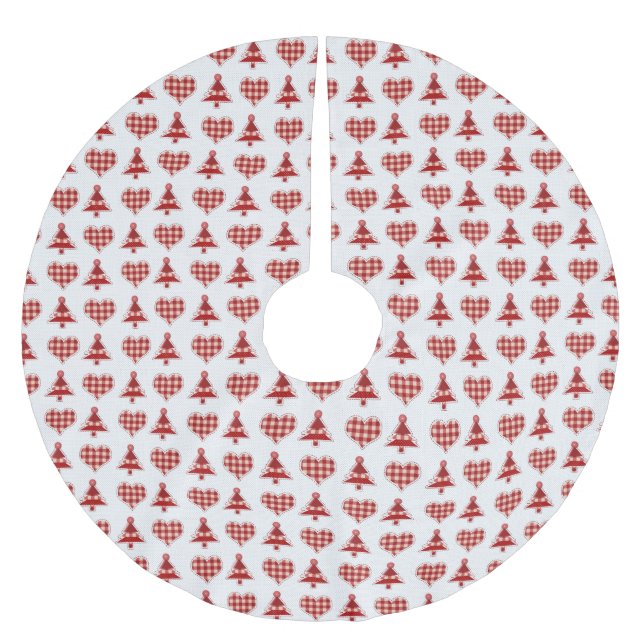Jupon De Sapin En Polyester Brossé Motif de Noël Plaid et Coeurs (Devant)