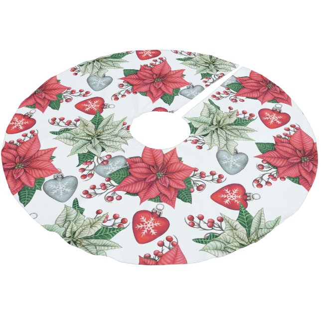 Jupon De Sapin En Polyester Brossé Motif de Noël Poinsettia (Angle)