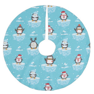 Jupon De Sapin En Polyester Brossé Motif d'écoulement de glace des pingouins de Noë