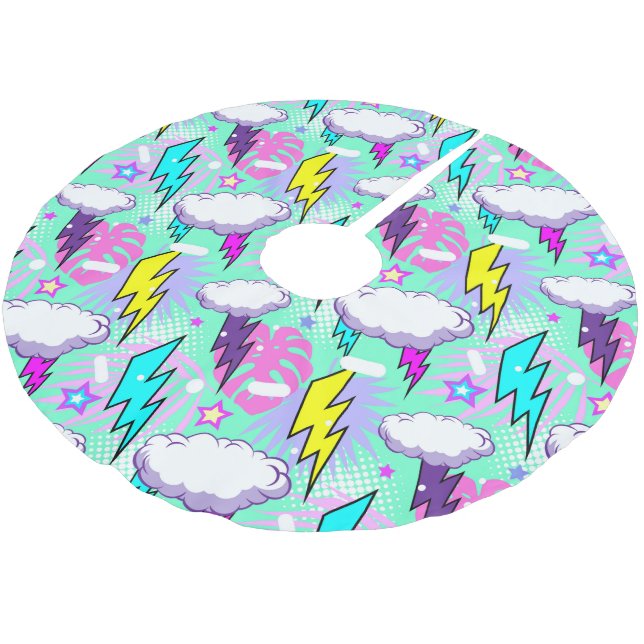 Jupon De Sapin En Polyester Brossé Motif Neon Lightning Bolts & Stars (Angle)