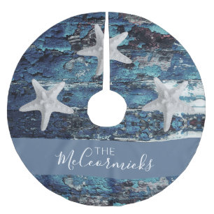 Jupon De Sapin En Polyester Brossé Nautical Blue Beach Rustic Starfish Nom de famille