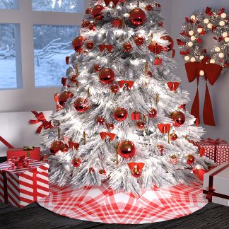 Jupon De Sapin En Polyester Brossé Noël à carreaux rouges et blancs