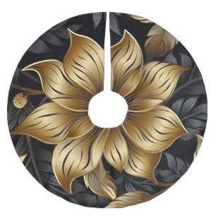 Jupon De Sapin En Polyester Brossé Noël à motif floral noir et or élégant