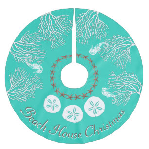 Jupon De Sapin En Polyester Brossé Noël côtier sous la mer Corail Turquoise