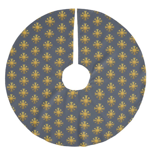 Jupon De Sapin En Polyester Brossé Noël Gold Snowflake Motif Bleu foncé (Devant)