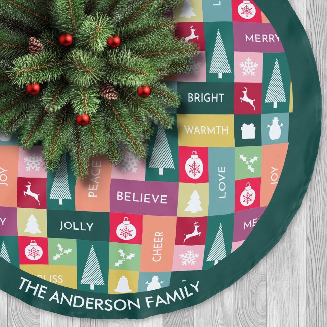 Jupon De Sapin En Polyester Brossé Noël Joyeuses Fêtes Moderne Nom Coloré (Christmas Happy Holidays Modern Name Colorful Brushed Polyester Tree Skirt)