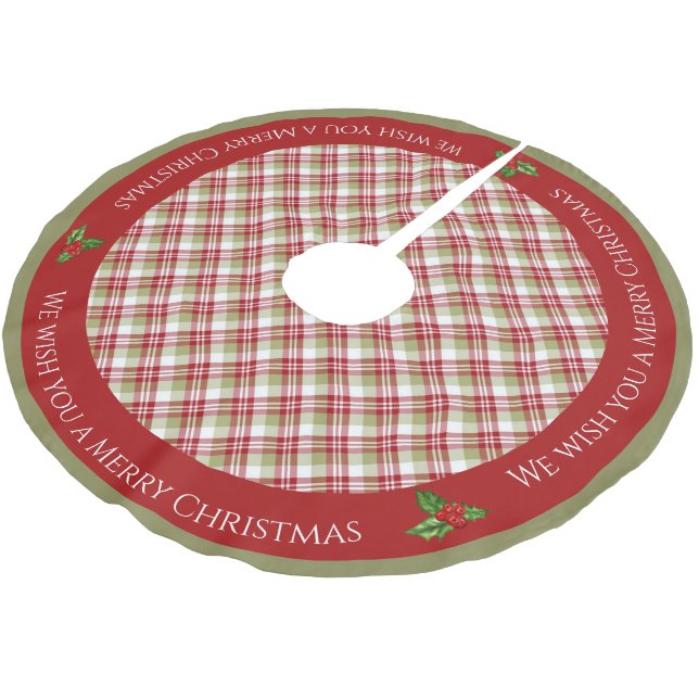 Jupon De Sapin En Polyester Brossé Noël Plaid - Rouge, Vert et Blanc - (Angle)