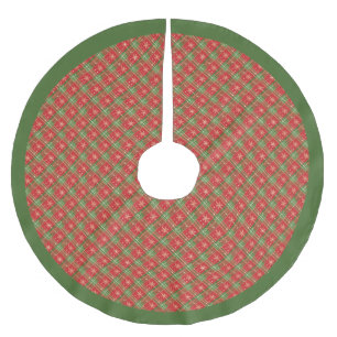 Jupon De Sapin En Polyester Brossé Noël Plaid Rouge, Vert, Or Étoiles