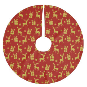 Jupon De Sapin En Polyester Brossé Noël Red Gold Reindeer Xmas Présent Snowflake
