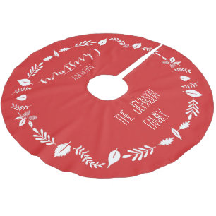 Jupon De Sapin En Polyester Brossé Noël Rouge Avec Décor Feuille Blanc