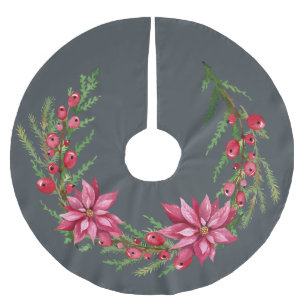 Jupon De Sapin En Polyester Brossé Noël Rouge Poinsetta Berries Wreath Off-Black