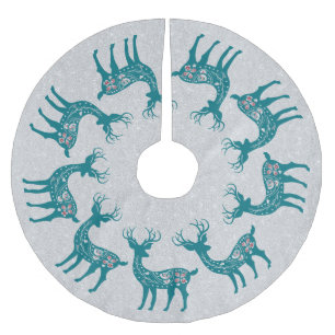 Jupon De Sapin En Polyester Brossé Noël Turquoise Reindeer Motif Parties scintillant
