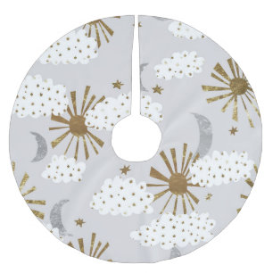 Jupon De Sapin En Polyester Brossé Nuages, soleil, lune, motif minimaliste.