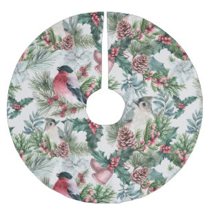 Jupon De Sapin En Polyester Brossé Oiseaux de Noël et pins floraux
