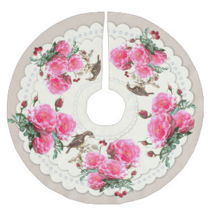 Jupon De Sapin En Polyester Brossé Oiseaux victoriens Jupe Rose d'arbre de Noël