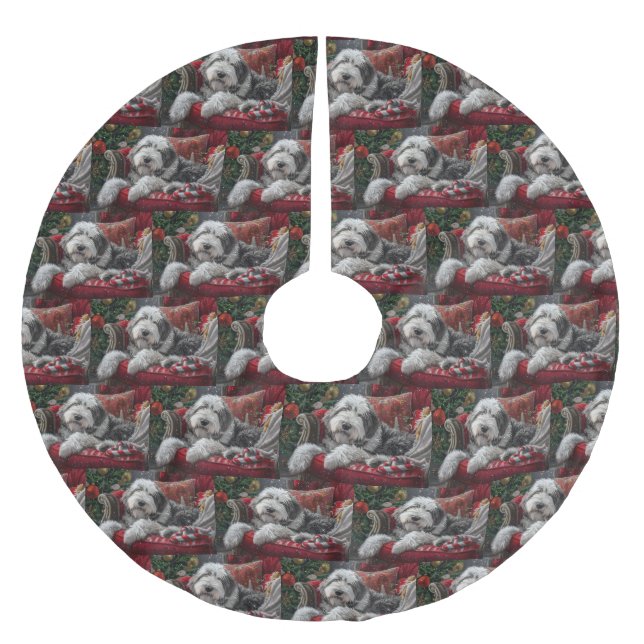 Jupon De Sapin En Polyester Brossé Old English Sheepdog Festive de Noël (Devant)