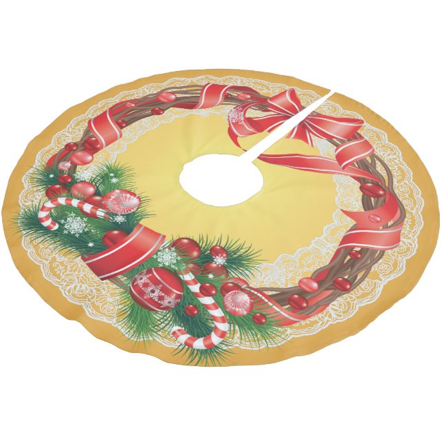 Jupon De Sapin En Polyester Brossé Ombre d'or et dentelle avec couronne de Noël (Angle)