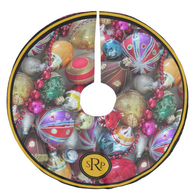 Jupon De Sapin En Polyester Brossé Ornements de Noël avec perles et monogramme (Devant)