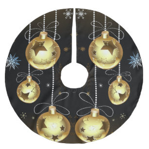 Jupon De Sapin En Polyester Brossé Ornements dorés de Noël Étoiles brillantes Noir