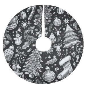 Jupon De Sapin En Polyester Brossé Pâte Noir Blanc Dessin Noël Motif Vacances