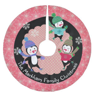 Jupon De Sapin En Polyester Brossé Patinage Pingouins Jupe d'arbre de Noël personnali