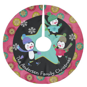 Jupon De Sapin En Polyester Brossé Patinage Pingouins Jupe de vacances personnalisée 