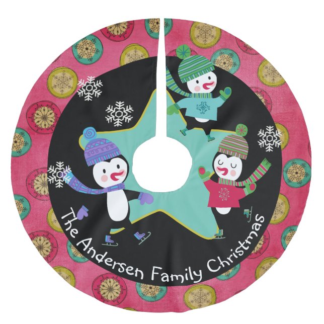 Jupon De Sapin En Polyester Brossé Patinage Pingouins Jupe de vacances personnalisée  (Devant)