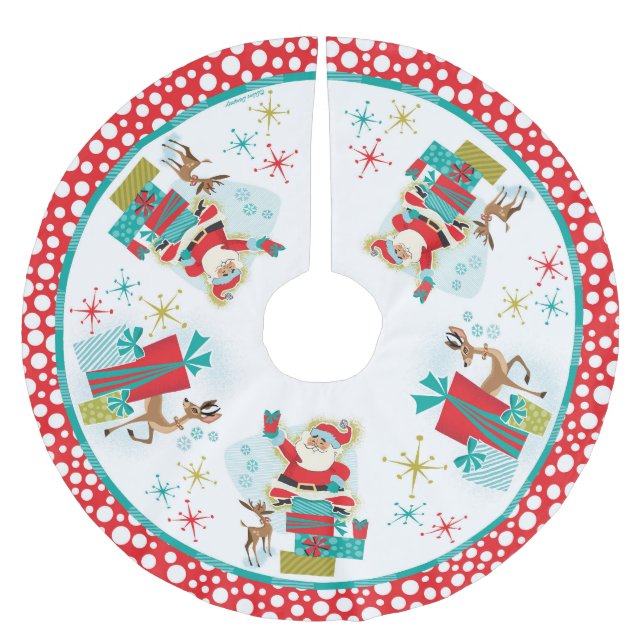 Jupon De Sapin En Polyester Brossé Père Noël Rétro Avec Cadeaux (Devant)