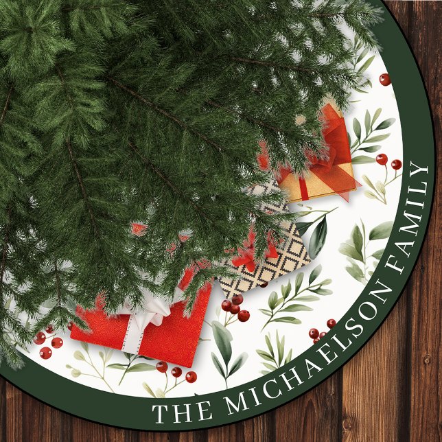 Jupon De Sapin En Polyester Brossé Personalized Christmas Greenery & Red Berries (Personalized Christmas Greenery & Red Berries Brushed Polyester Tree Skirt)