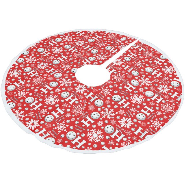 Jupon De Sapin En Polyester Brossé Pickleball Snowballs Snowflakes Red Happy Holidays (Angle)